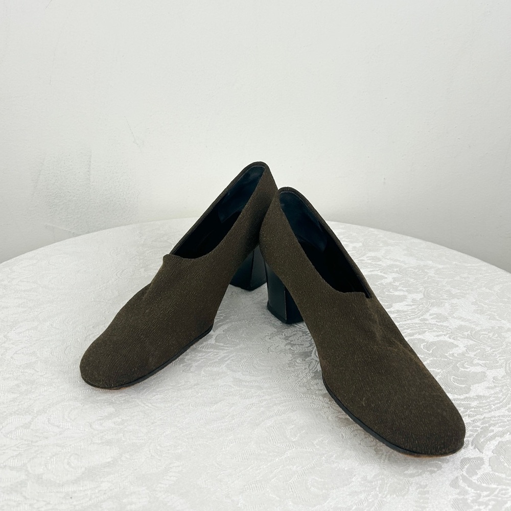 Vintage Made in France Fabric Olive Green Block Heel Pumps